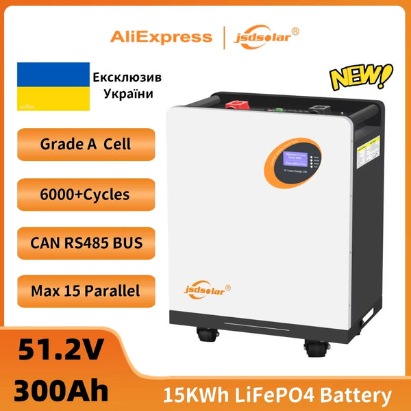 Pre-sale jsdsolar 48V 300Ah LiFePO4 Battery 15KWh Solar Battery 300A BMS 6000+ Cycles Parallel CAN BUS RS485 for Home Free-tax