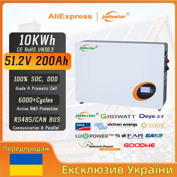 Pre-sale jsdsolar 48V 200Ah LiFePO4 Battery 10KWh Power Wall 200A BMS 6000+ Cycles Parallel CAN BUS RS485 for Home Free-tax